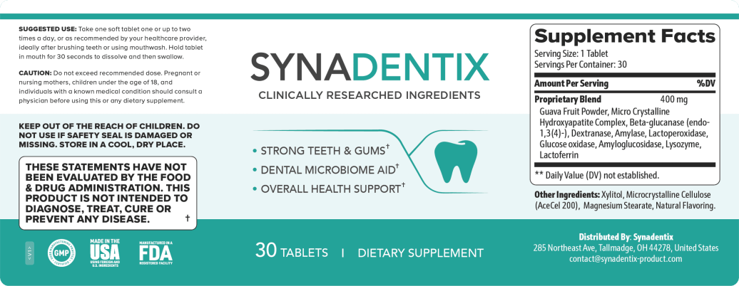 Synadentix official bottle label oral health supplement USA